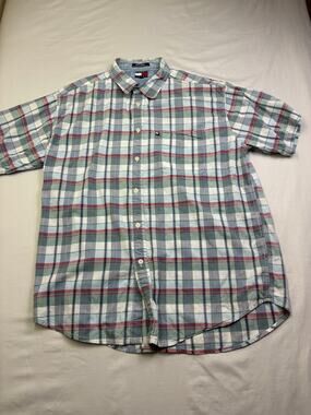Tommy Hilfiger Jeans Men's XL Plaid Short Sleeve Button Up Shirt 100% Cotton